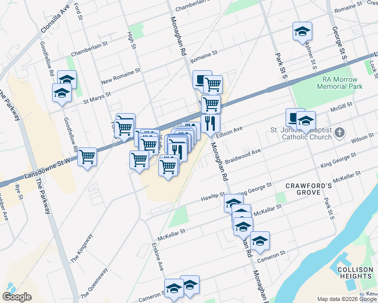 map of restaurants, bars, coffee shops, grocery stores, and more near 645 Lansdowne Street in Peterborough