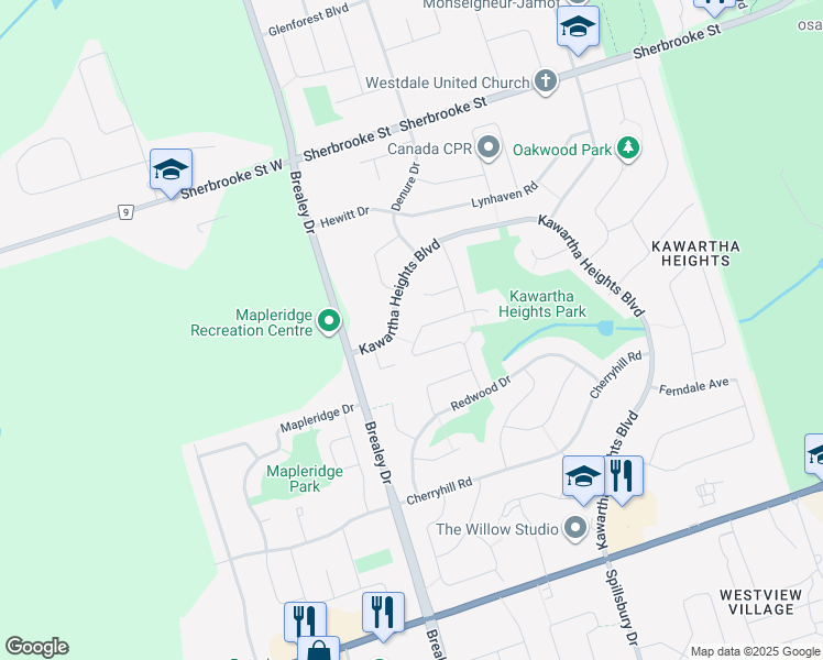 map of restaurants, bars, coffee shops, grocery stores, and more near 2141 Springwood Road in Peterborough