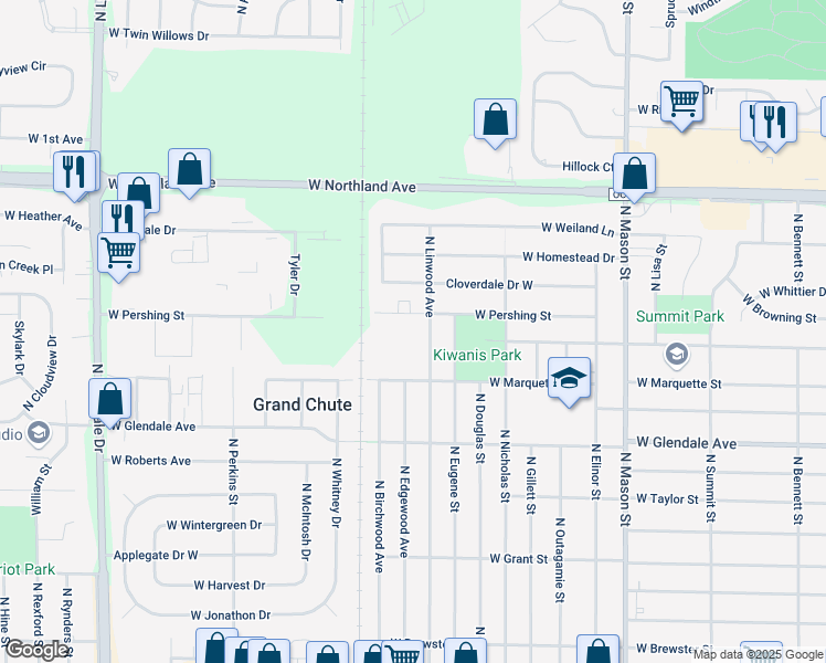 map of restaurants, bars, coffee shops, grocery stores, and more near 1800 West Marquette Street in Appleton