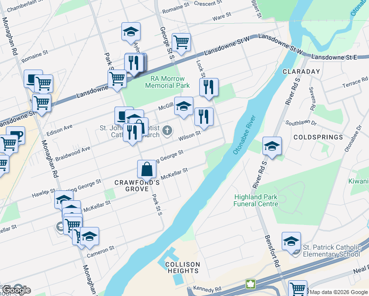 map of restaurants, bars, coffee shops, grocery stores, and more near 250 King George Street in Peterborough
