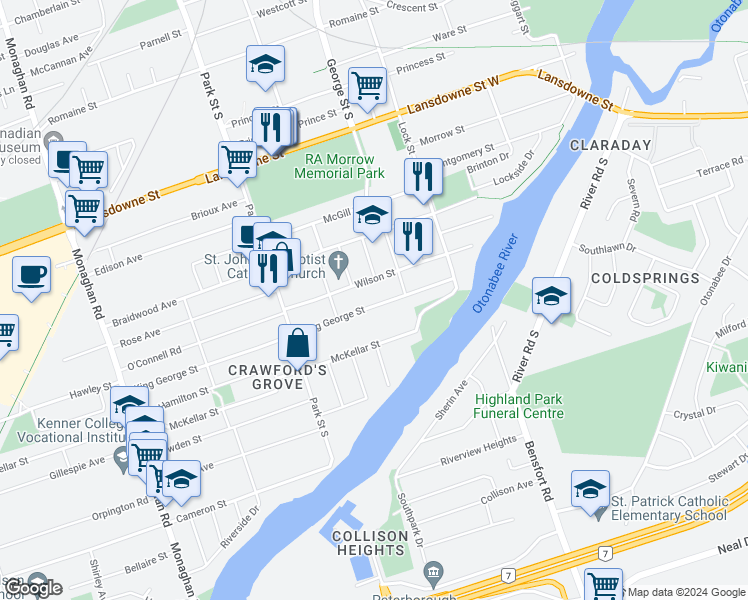 map of restaurants, bars, coffee shops, grocery stores, and more near 250 King George Street in Peterborough
