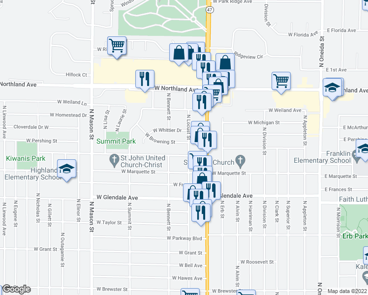 map of restaurants, bars, coffee shops, grocery stores, and more near 2413 North Locust Street in Appleton