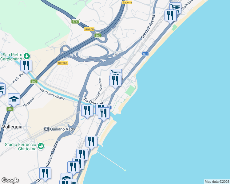 map of restaurants, bars, coffee shops, grocery stores, and more near 129 Strada Statale 1 Aurelia in Savona
