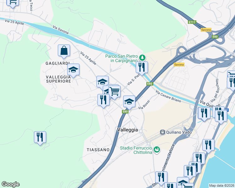 map of restaurants, bars, coffee shops, grocery stores, and more near 27 Via Armando Diaz in Valleggia