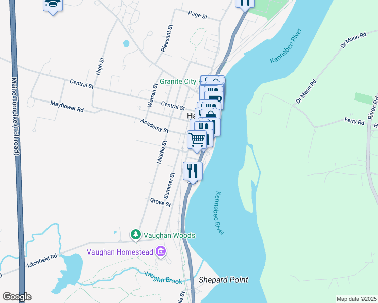 map of restaurants, bars, coffee shops, grocery stores, and more near 176 2nd Street in Hallowell