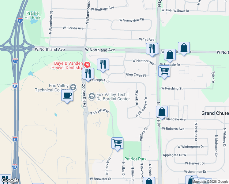 map of restaurants, bars, coffee shops, grocery stores, and more near 11 Century Court in Appleton