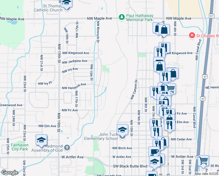 map of restaurants, bars, coffee shops, grocery stores, and more near 808 Northwest 13th Street in Redmond