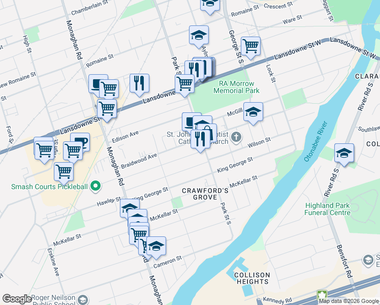 map of restaurants, bars, coffee shops, grocery stores, and more near 3 Ephgrave Boulevard in Peterborough