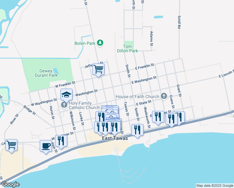 map of restaurants, bars, coffee shops, grocery stores, and more near 502 Main Street in East Tawas