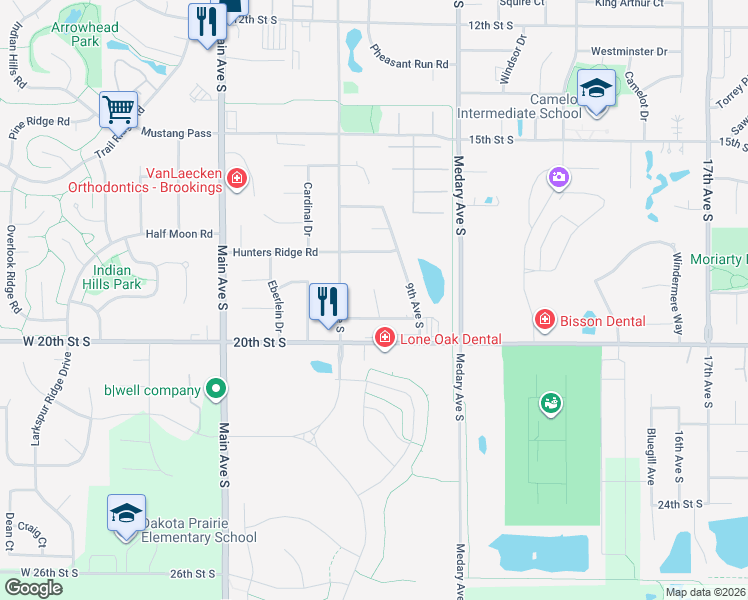 map of restaurants, bars, coffee shops, grocery stores, and more near 1834 Ranger Circle in Brookings