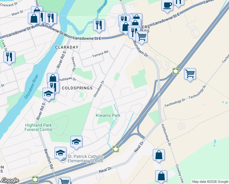 map of restaurants, bars, coffee shops, grocery stores, and more near 5 Sabatino Court in Peterborough