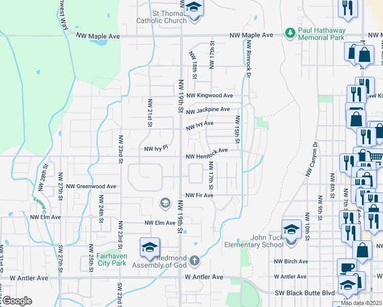 map of restaurants, bars, coffee shops, grocery stores, and more near 861 Northwest 17th Street in Redmond