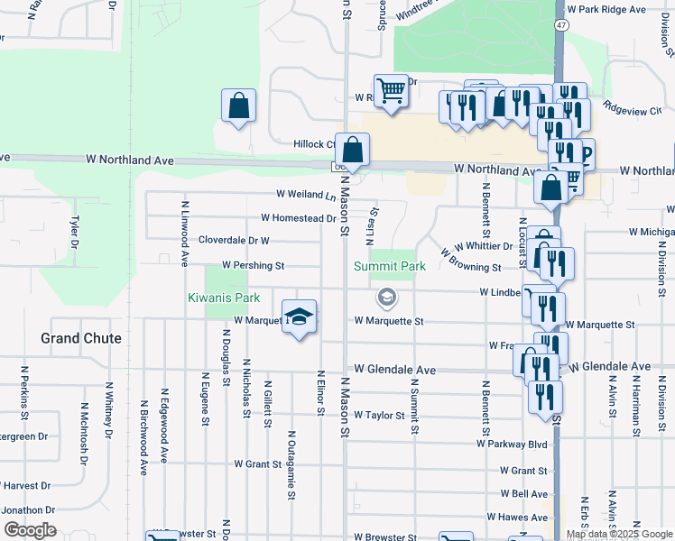 map of restaurants, bars, coffee shops, grocery stores, and more near 2510 North Elinor Street in Appleton