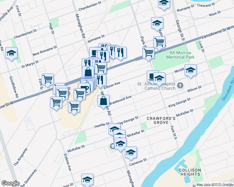map of restaurants, bars, coffee shops, grocery stores, and more near 550 Braidwood Avenue in Peterborough