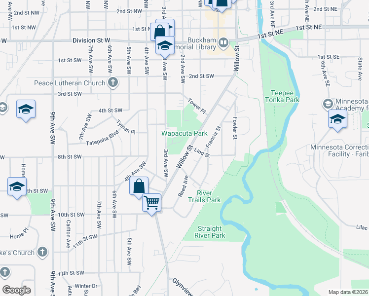 map of restaurants, bars, coffee shops, grocery stores, and more near 305 2nd Avenue Southwest in Faribault