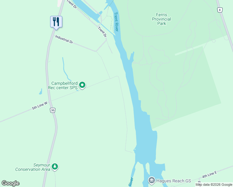 map of restaurants, bars, coffee shops, grocery stores, and more near 15 Ranney Gorge Drive in Campbellford