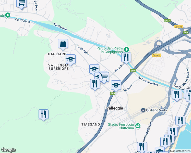 map of restaurants, bars, coffee shops, grocery stores, and more near Via XXV Aprile in Valleggia