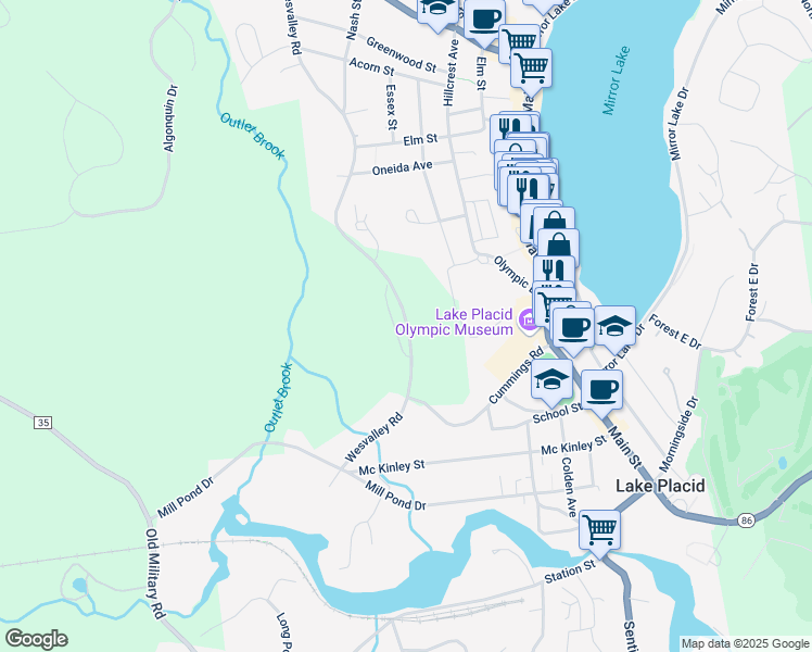 map of restaurants, bars, coffee shops, grocery stores, and more near 129 Wesvalley Road in Lake Placid