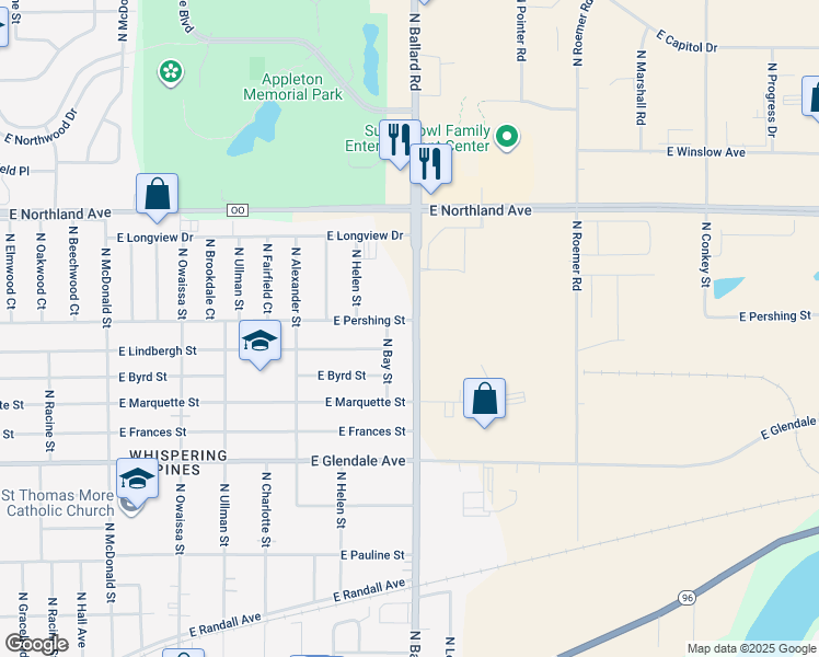 map of restaurants, bars, coffee shops, grocery stores, and more near 1921 East Pershing Street in Appleton