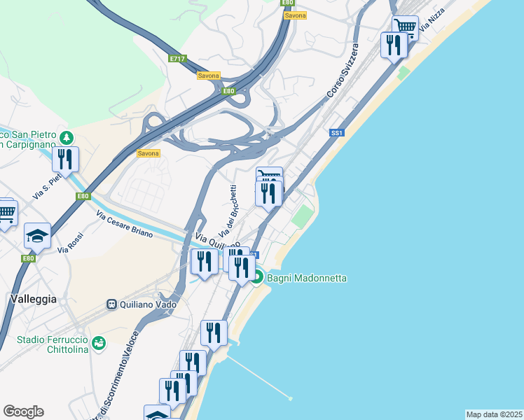map of restaurants, bars, coffee shops, grocery stores, and more near 90-244 Via Nizza in Savona