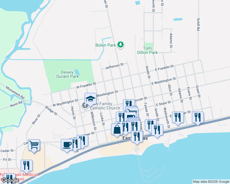 map of restaurants, bars, coffee shops, grocery stores, and more near 499 Sawyer Street in East Tawas
