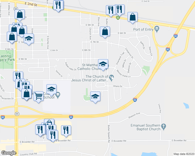 map of restaurants, bars, coffee shops, grocery stores, and more near 1101 Elon Avenue in Gillette