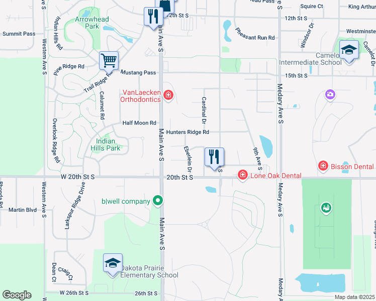 map of restaurants, bars, coffee shops, grocery stores, and more near 1803 Oriole Trail in Brookings