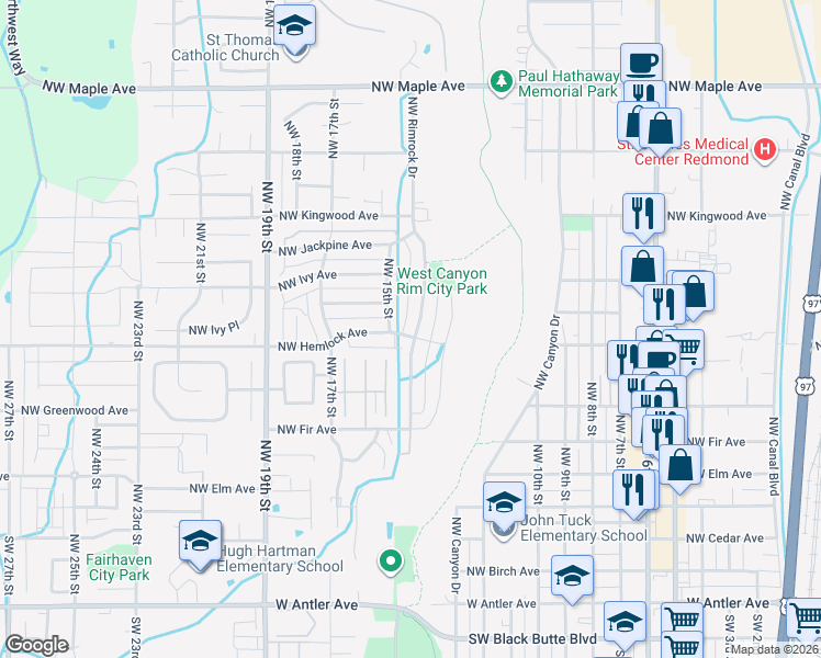 map of restaurants, bars, coffee shops, grocery stores, and more near 835 Northwest Rimrock Drive in Redmond