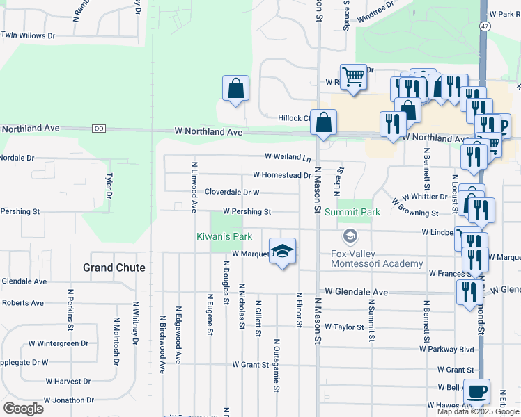 map of restaurants, bars, coffee shops, grocery stores, and more near 1502 West Pershing Street in Appleton