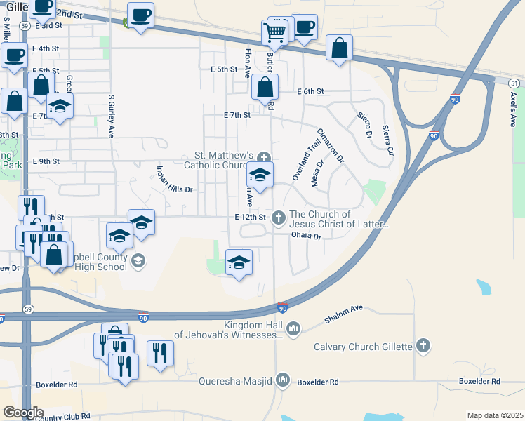 map of restaurants, bars, coffee shops, grocery stores, and more near 1101 Elon Avenue in Gillette