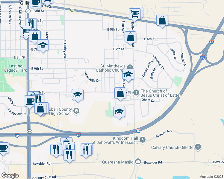 map of restaurants, bars, coffee shops, grocery stores, and more near 1025 Church Avenue in Gillette