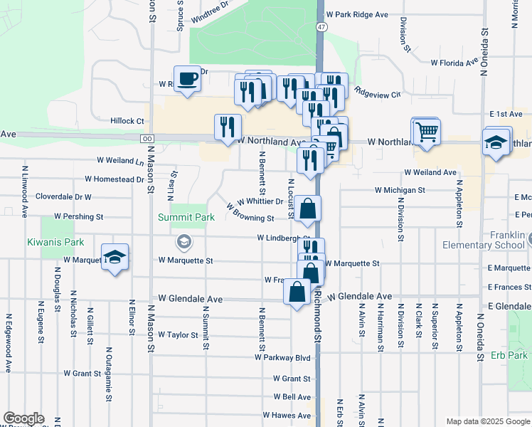 map of restaurants, bars, coffee shops, grocery stores, and more near 833 West Whittier Drive in Appleton