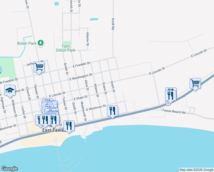 map of restaurants, bars, coffee shops, grocery stores, and more near 410 Evans Street in East Tawas