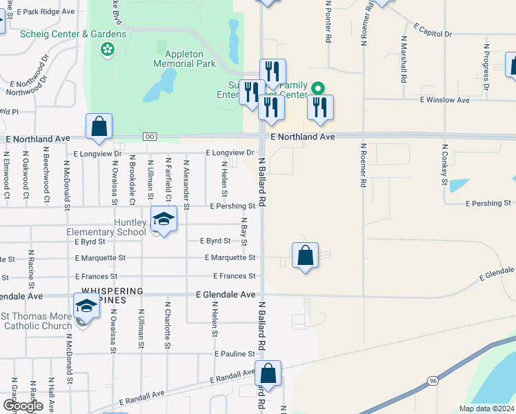 map of restaurants, bars, coffee shops, grocery stores, and more near 1921 East Pershing Street in Appleton