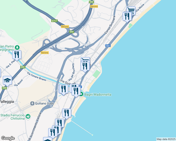 map of restaurants, bars, coffee shops, grocery stores, and more near 244 Via Nizza in Savona