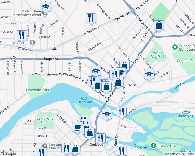 map of restaurants, bars, coffee shops, grocery stores, and more near 309 Desnoyer Street in Kaukauna