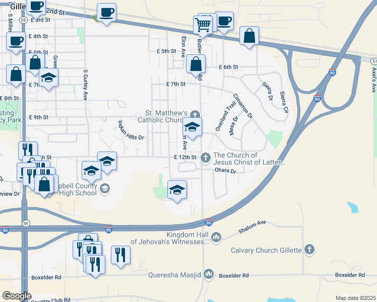 map of restaurants, bars, coffee shops, grocery stores, and more near 1101 Elon Avenue in Gillette