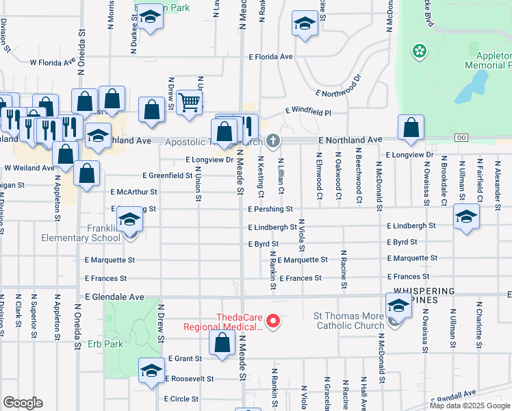 map of restaurants, bars, coffee shops, grocery stores, and more near 810 East Pershing Street in Appleton