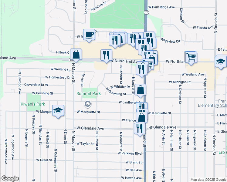 map of restaurants, bars, coffee shops, grocery stores, and more near 935 West Whittier Drive in Appleton