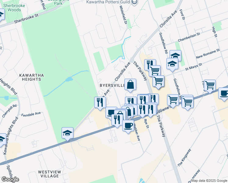 map of restaurants, bars, coffee shops, grocery stores, and more near 945 Webber Avenue in Peterborough