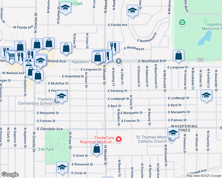 map of restaurants, bars, coffee shops, grocery stores, and more near 810 East Pershing Street in Appleton