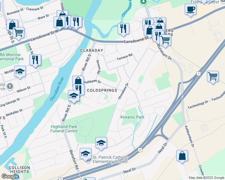 map of restaurants, bars, coffee shops, grocery stores, and more near 943 Southlawn Drive in Peterborough