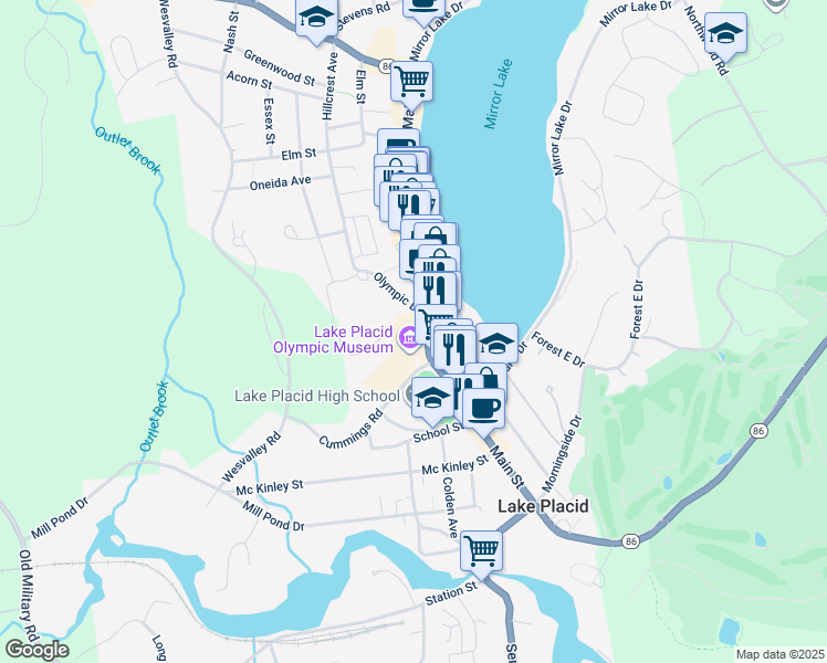 map of restaurants, bars, coffee shops, grocery stores, and more near 2634 Main Street in Lake Placid