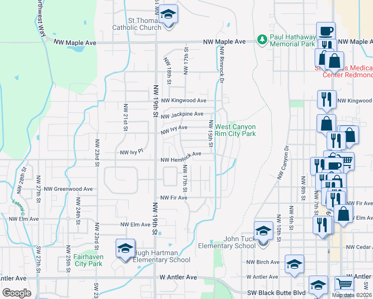 map of restaurants, bars, coffee shops, grocery stores, and more near 846 Northwest 17th Street in Redmond