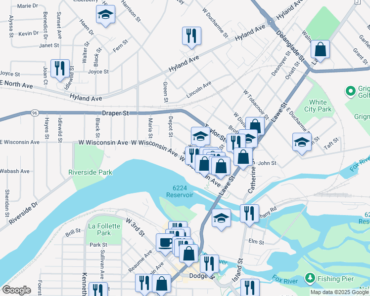 map of restaurants, bars, coffee shops, grocery stores, and more near 313 Doty Street in Kaukauna