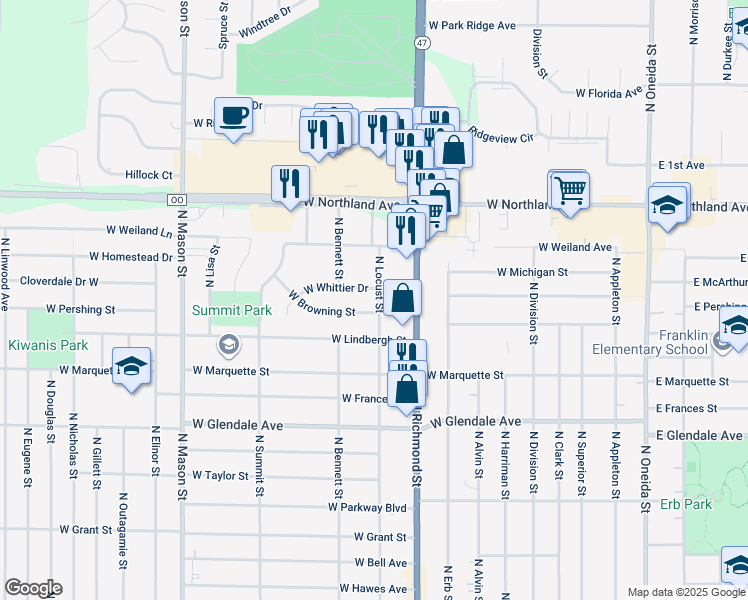 map of restaurants, bars, coffee shops, grocery stores, and more near 2511 North Locust Street in Appleton