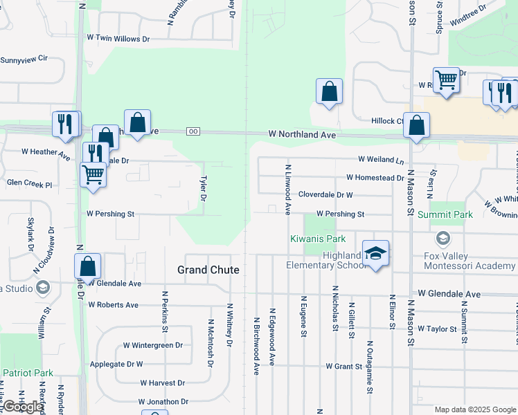 map of restaurants, bars, coffee shops, grocery stores, and more near 1834 West Pershing Street in Appleton