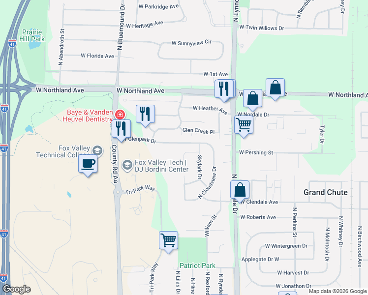 map of restaurants, bars, coffee shops, grocery stores, and more near 2741 West Glenpark Drive in Appleton
