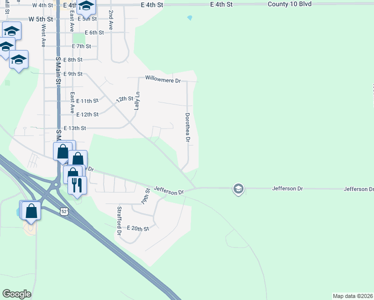 map of restaurants, bars, coffee shops, grocery stores, and more near 1415 Dorothea Drive in Zumbrota