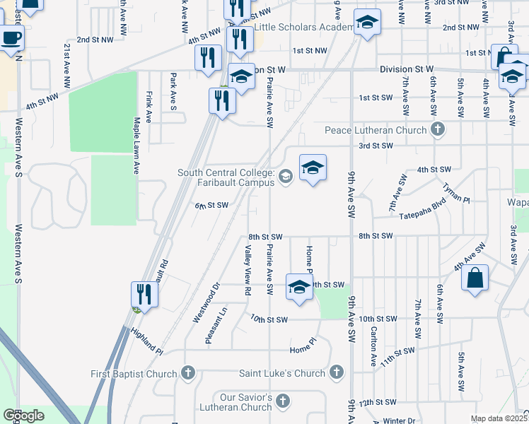 map of restaurants, bars, coffee shops, grocery stores, and more near 620 Prairie Avenue Southwest in Faribault
